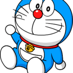A finished, vibrant drawing of Doraemon standing proudly.