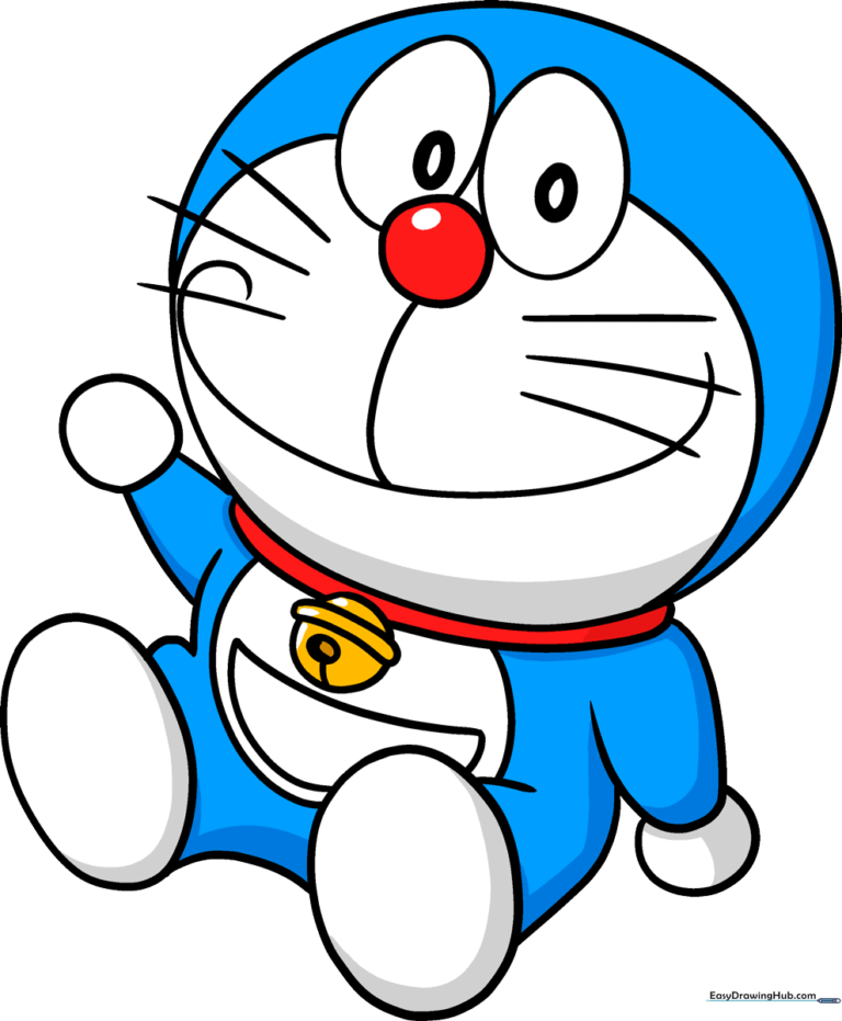 A finished, vibrant drawing of Doraemon standing proudly.