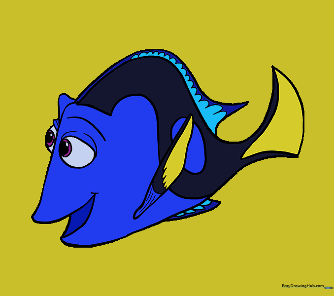 The finished Dory drawing colored in blue and yellow.