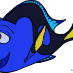 A colorful, finished drawing of Dory the blue tang fish.