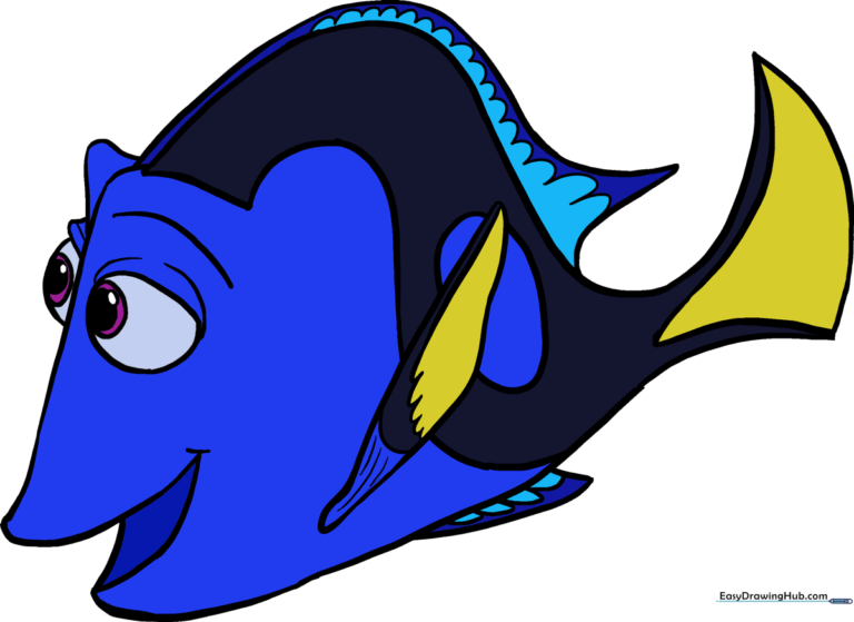 A colorful, finished drawing of Dory the blue tang fish.