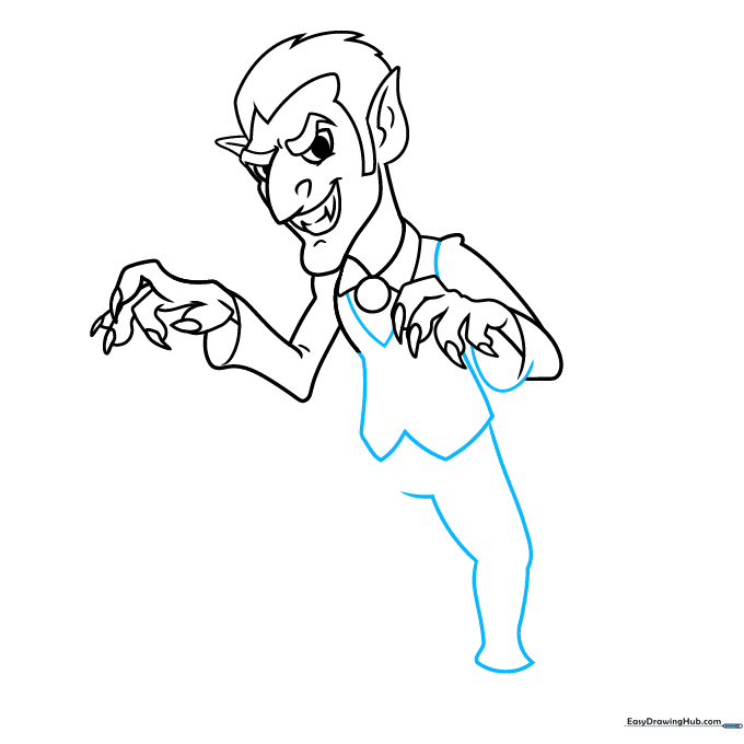 Sketching the iconic high collar and the base of the legs for the Dracula character.