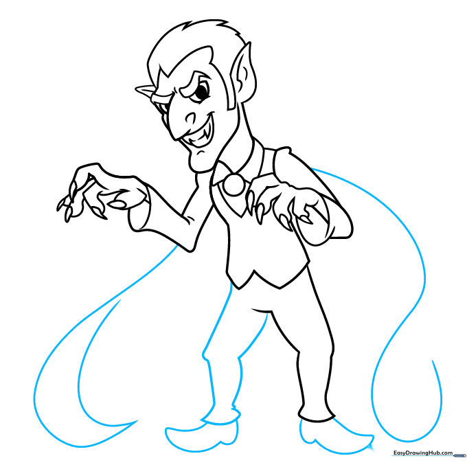 Adding shoes and the flowing cape outline to the Dracula drawing.