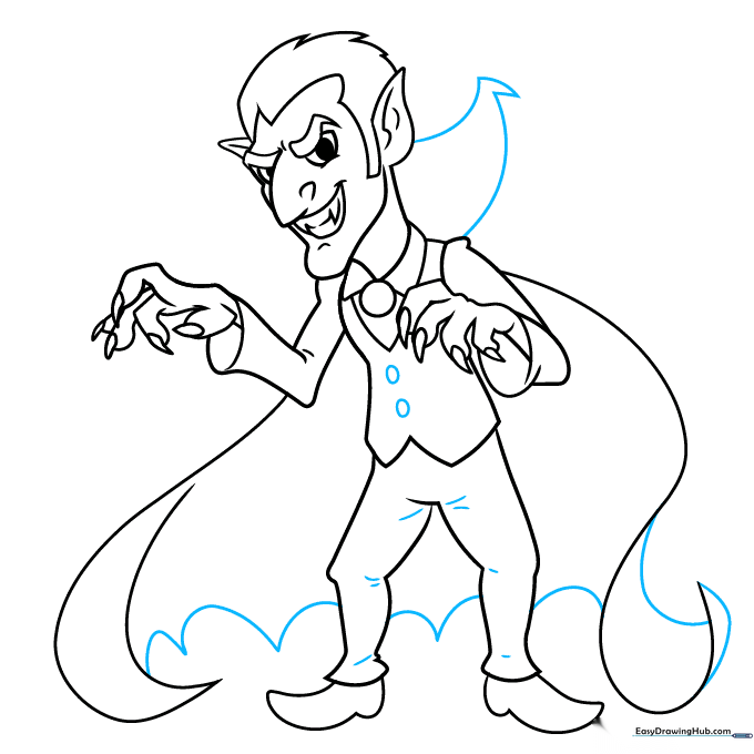 Refining the Dracula drawing with coat details and final cape adjustments.