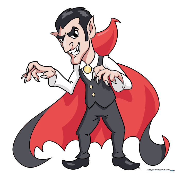 The finished, colored Dracula drawing with a dark suit, red cape, and yellow medallion.