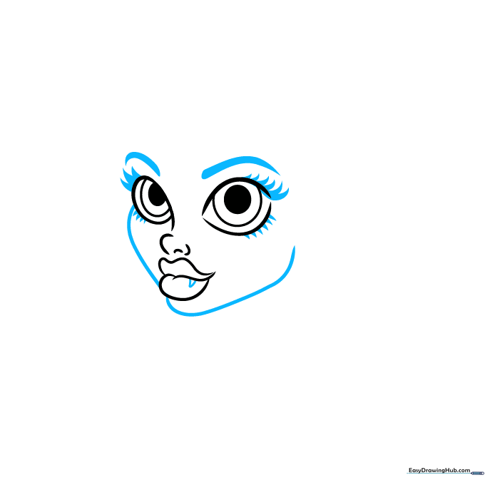 Adding eyebrows, eyelashes, the fang, and heart-shaped face outline.