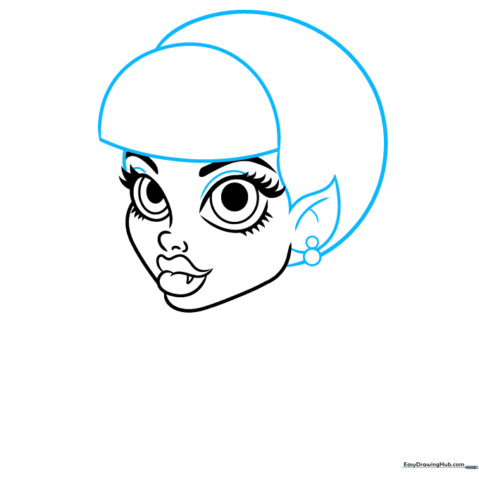 Sketching the hair outline and earring details on the side of the head.
