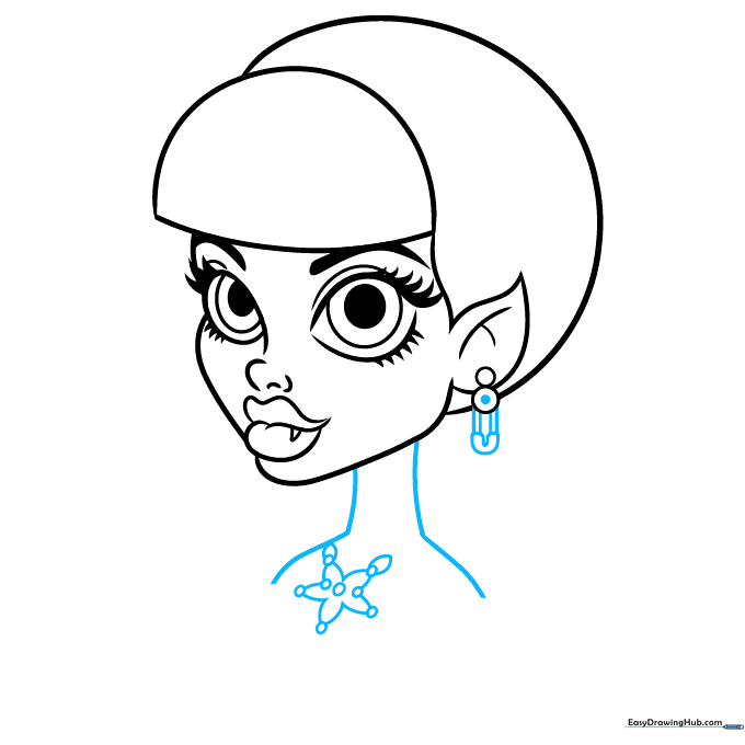 Drawing the neck, necklace, and intricate jewelry details.