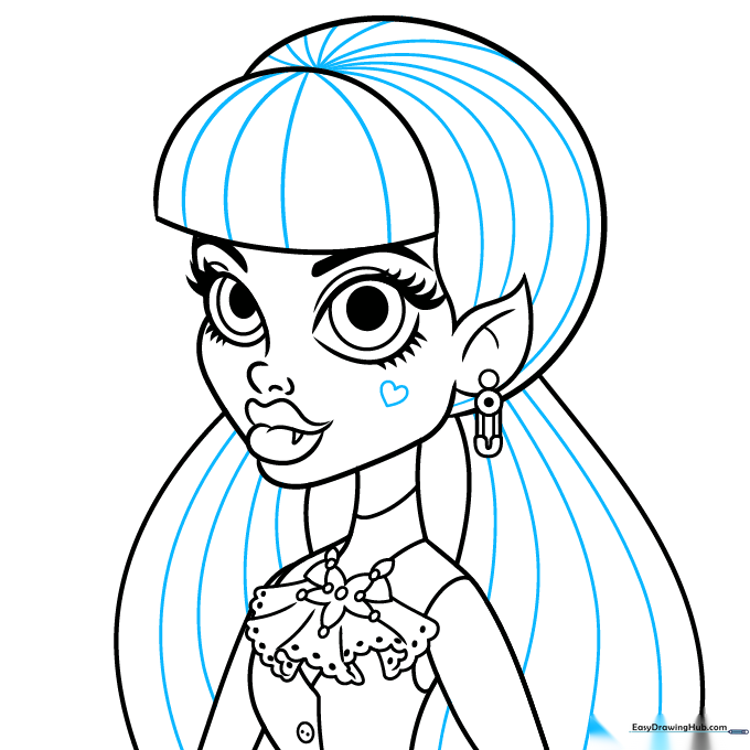 Final ink outline of Draculaura with the heart cheek mark.