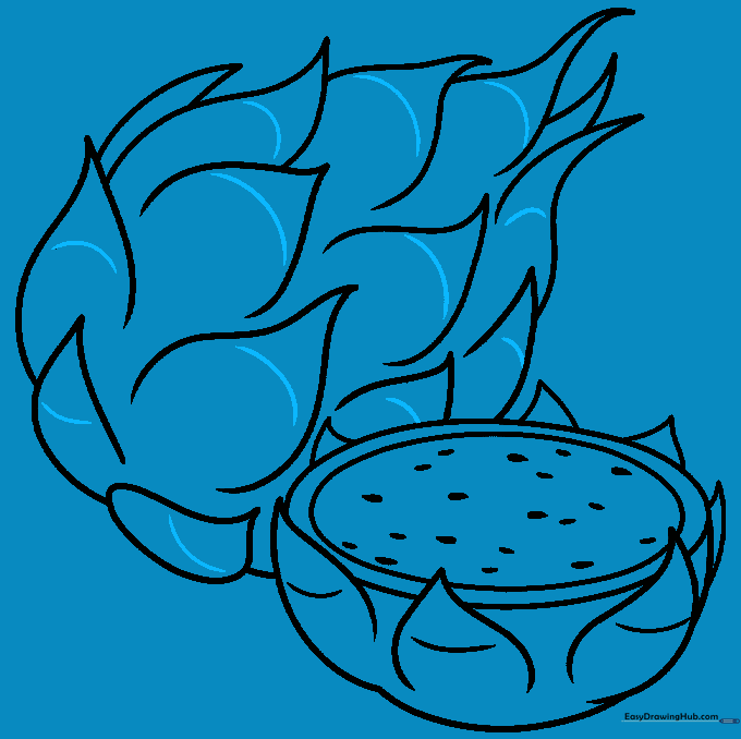 Finalizing the outline of the dragon fruit with detailed scale markings.