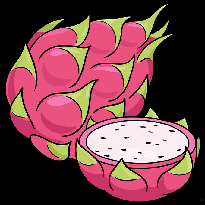 A fully colored, vibrant dragon fruit drawing with pink skin and green scales.