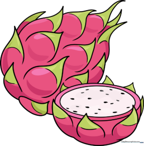 A colorful, finished drawing of a whole and sliced dragon fruit.