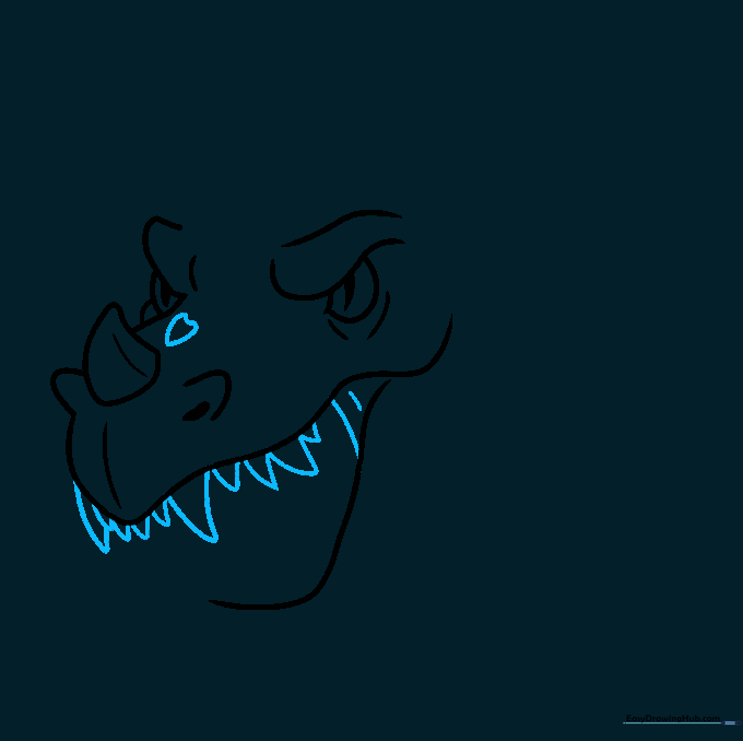 Adding sharp, triangular teeth to the upper jaw of the dragon sketch.