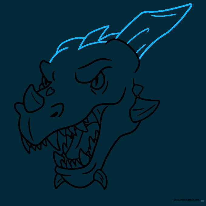 Drawing a large horn and a row of spines on the top of the dragon's head.