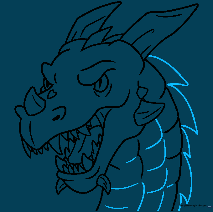 Finalizing the dragon head outline with neck spikes and scale textures.