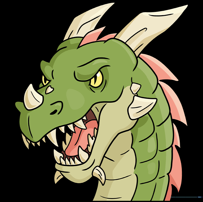 A fully colored, green dragon head illustration with shading and highlights.