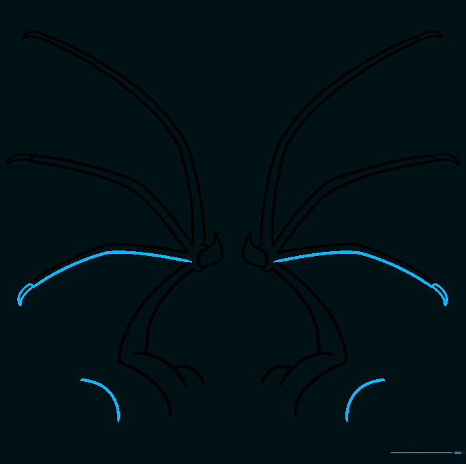 Finalizing the frame of the dragon wings with the last claw and membrane guidelines.