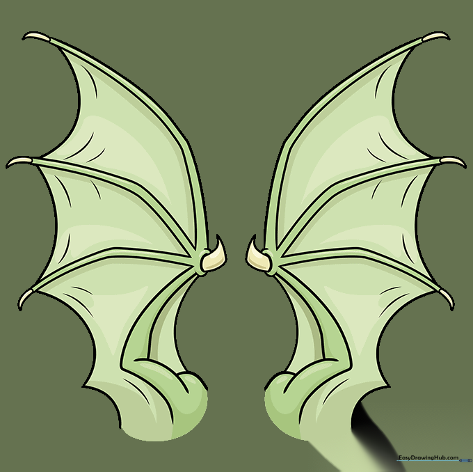 The finished, colored dragon wings illustration in vibrant green.