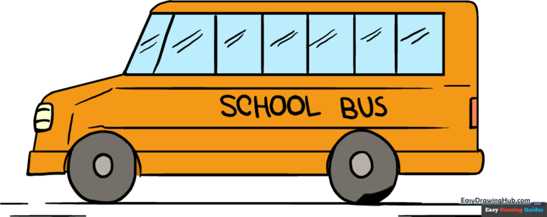 A colorful, finished school bus drawing displayed as a featured tutorial image.