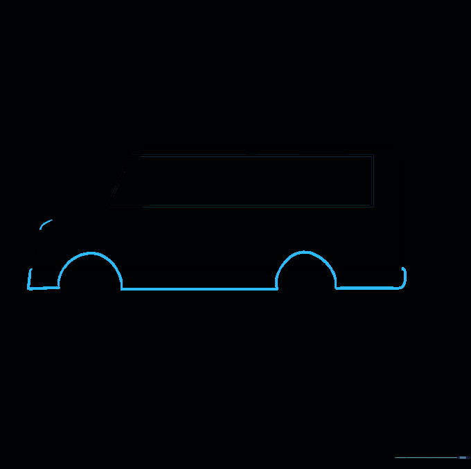 Drawing the wheel arches and bumper details at the bottom of the bus.