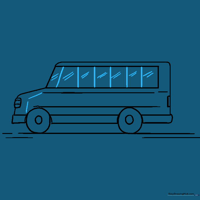 Adding window panes and reflection lines to the school bus windows.
