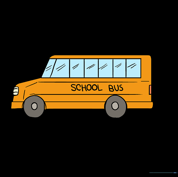 The final colored school bus drawing with yellow paint and detailed wheels.