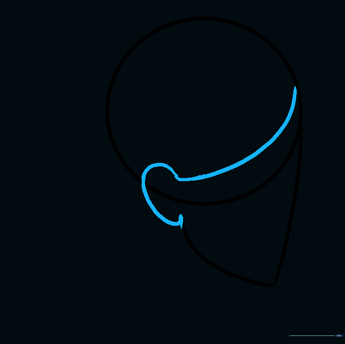 Drawing a hairline guide across the forehead and a simple ear shape on the side of the head.