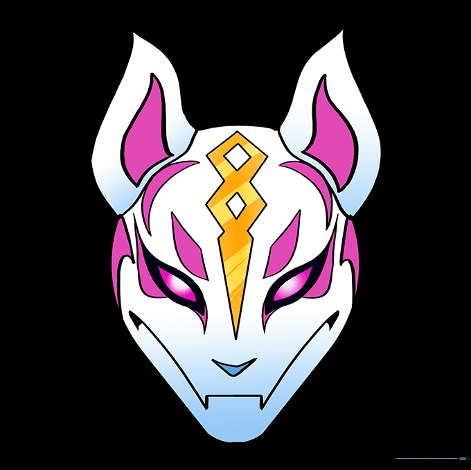 The completed Drift mask drawing, fully colored with purple, gold, and black accents.