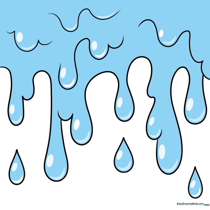 The completed drip drawing colored in blue to resemble water.