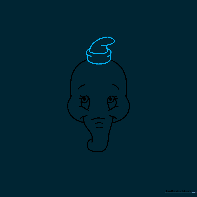 Drawing the small, bent circus hat on top of Dumbo's head.