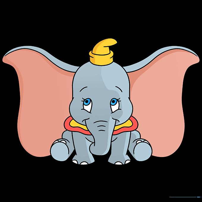 The final colored Dumbo drawing with grey skin, pink ears, and a yellow hat.