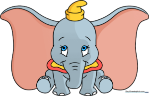 A colorful, finished illustration of Dumbo the flying elephant.