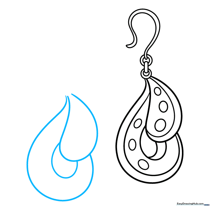 Drawing the second earring to create a matching pair, focusing on symmetry.