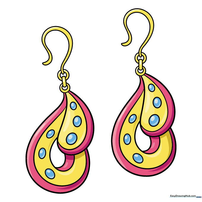 A finished, colorful drawing of a pair of earrings with vibrant gemstones and metallic accents.