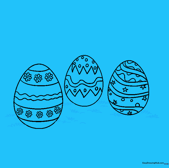 Easter eggs sitting in a patch of grass drawn with short, textured strokes.
