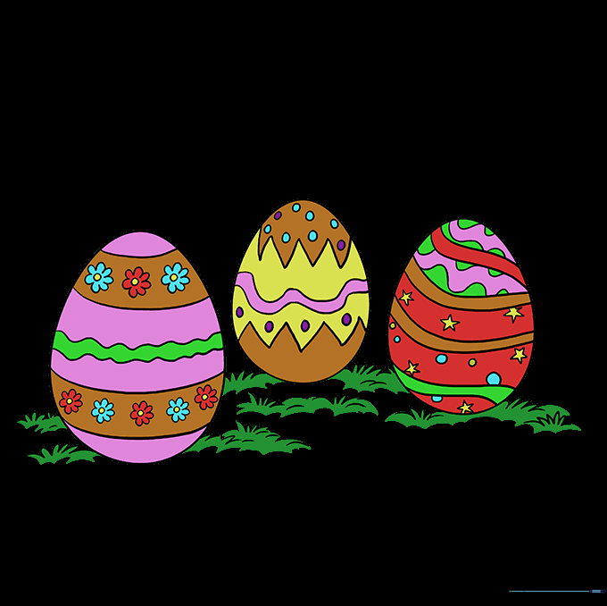 A colorful, finished drawing of three decorated Easter eggs in the grass.
