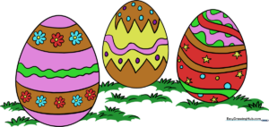 A vibrant, finished illustration of three patterned Easter eggs nestled in green grass.