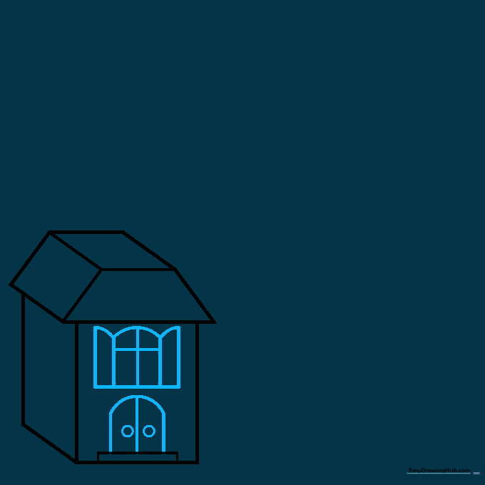 Building facade with arched windows and a door added to the initial 3D structure.