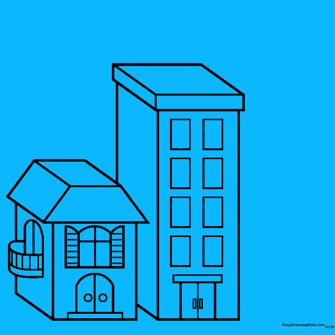Adding a grid of rectangular windows to the side of the second building.