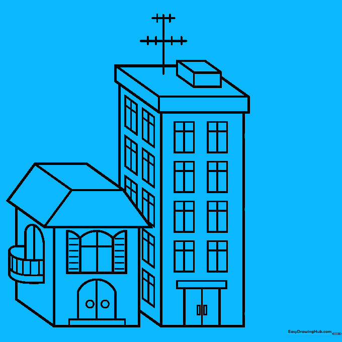 Sketching a third building featuring a triangular prism roof.