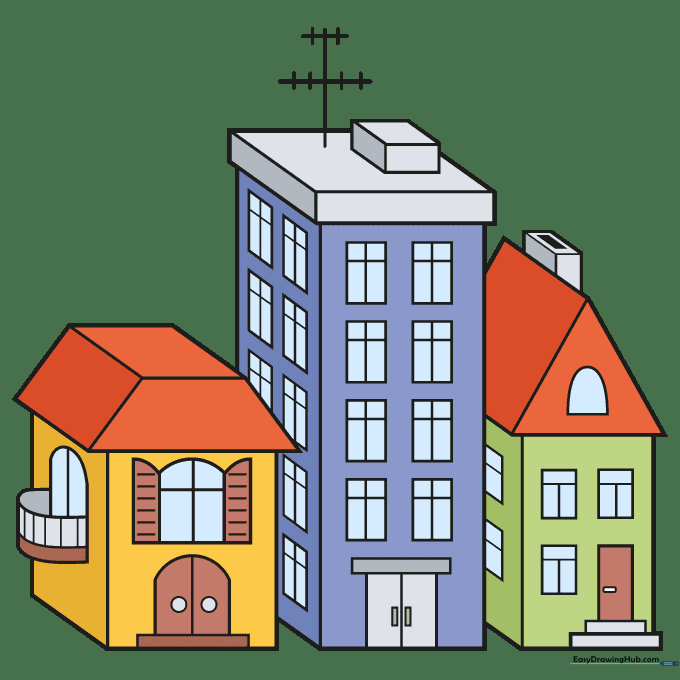 A finished, colorful cartoon city scene with three distinct 3D buildings.