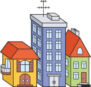 A colorful, finished drawing of three 3D buildings in a cartoon style.