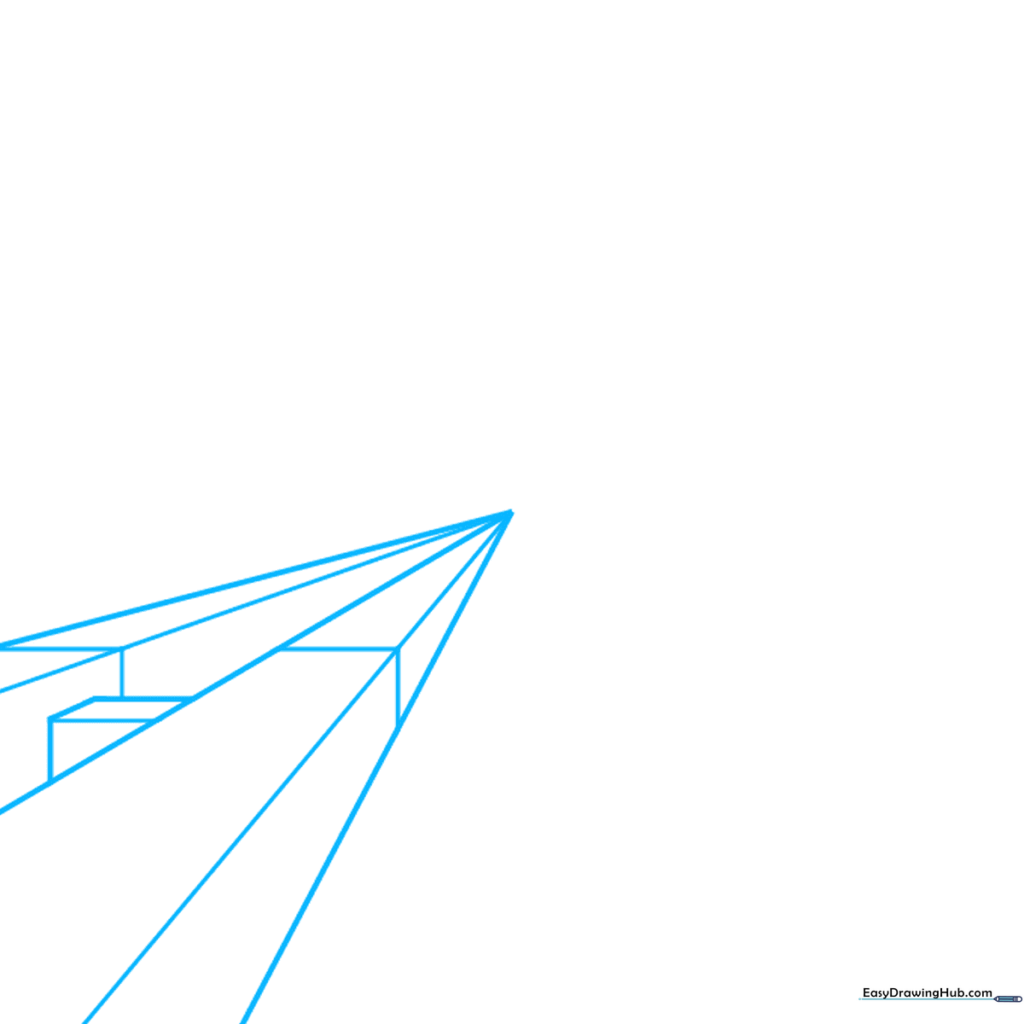 A central vanishing point with five light guide lines drawn toward the bottom left corner on white paper.