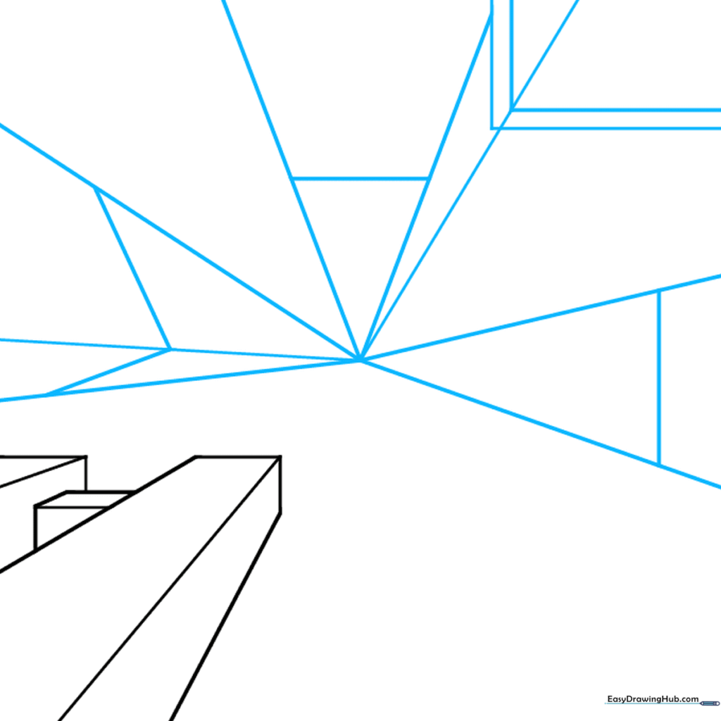 L-shaped lines connecting guide lines to create the initial 3D block shapes of buildings.