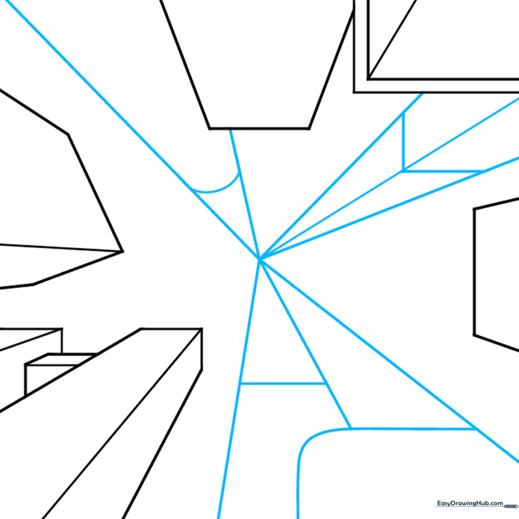 Multiple building blocks arranged in a starburst pattern around a central vanishing point.