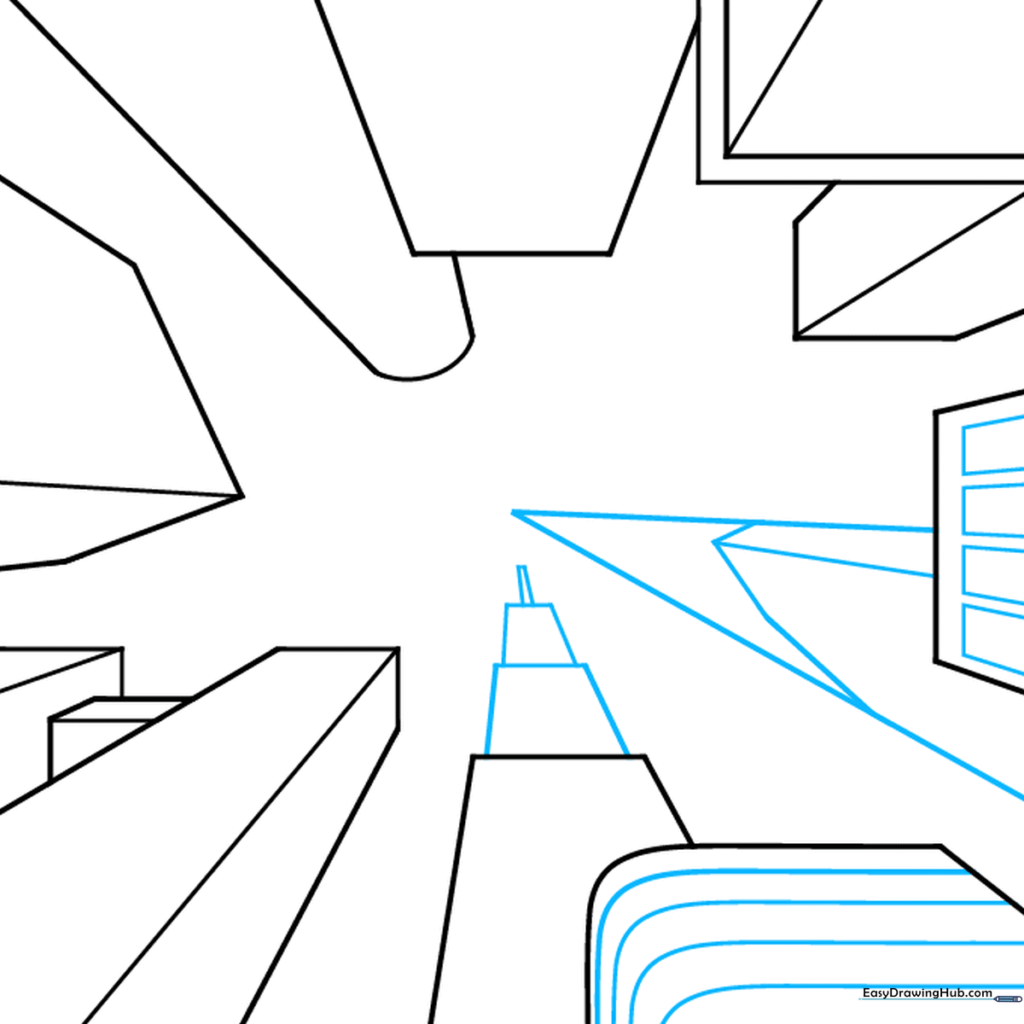 Buildings with added windows and complex roof shapes like stacked trapezoids.