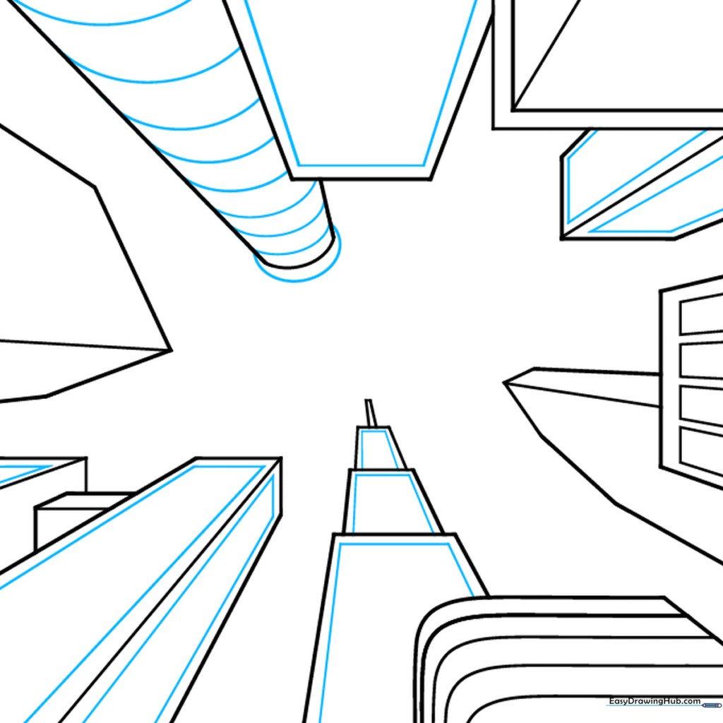 Cleaned up drawing with guide lines removed and a cylindrical building added to the skyline.