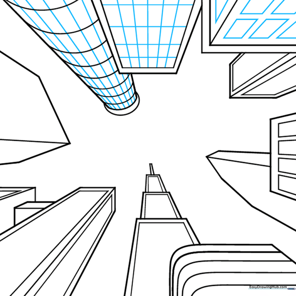 Buildings detailed with checkerboard window patterns across their facades.