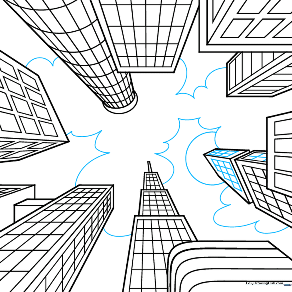 Completed city drawing with fluffy clouds added to the sky above the buildings.