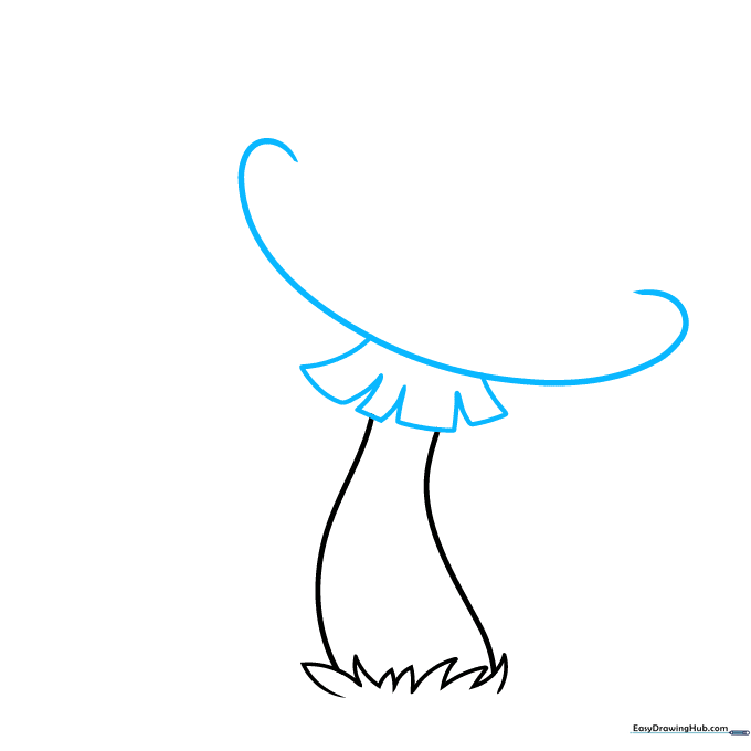 Drawing the curved mushroom cap and the textured ring detail on the stalk.
